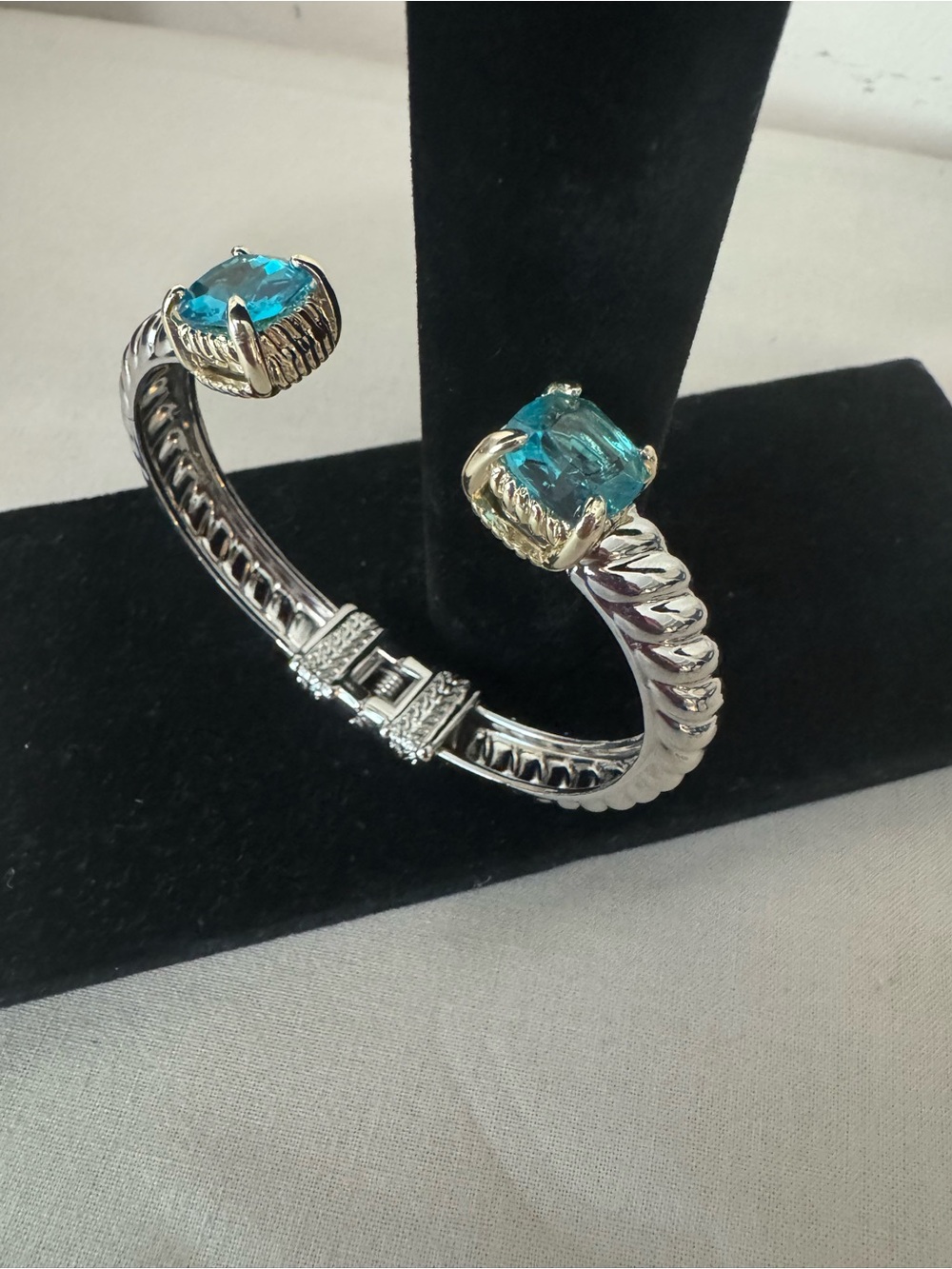 Women’s Silver Open Cuff Bracelet with Blue Gemstone End Caps